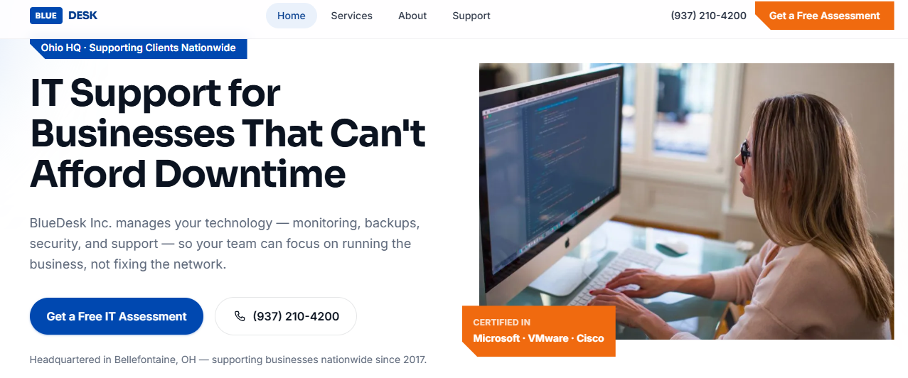 BlueDesk IT support homepage with hero messaging, navigation, and free assessment call to action.