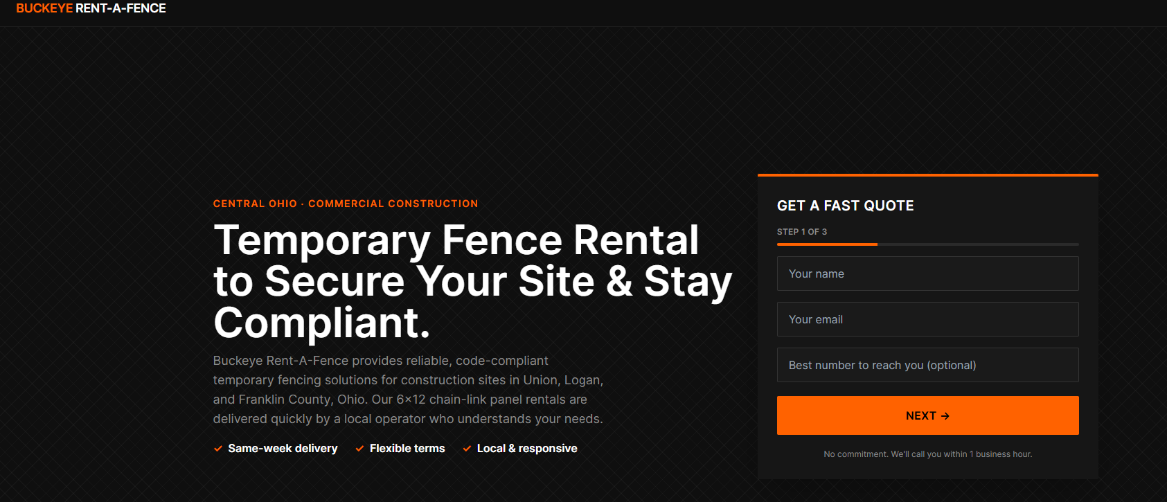 Buckeye Rent-A-Fence homepage with temporary fence rental messaging and fast quote form.